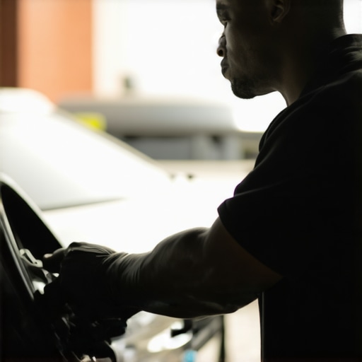 Professional Rideshare Driver Preparing Vehicle Rideshare driver inspecting vehicle for safety and cleanliness before pickup.