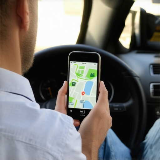 A professional driver checking GPS on smartphone to ensure timely arrival.