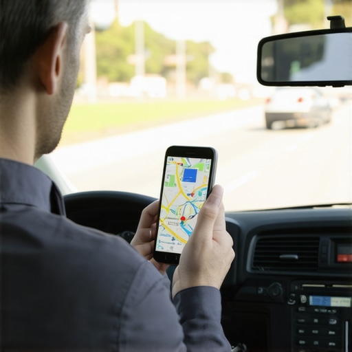 Driver monitoring traffic on smartphone to ensure on-time arrival.