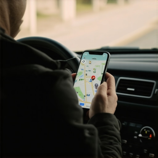 Driver using GPS navigation app in car for timely arrival.