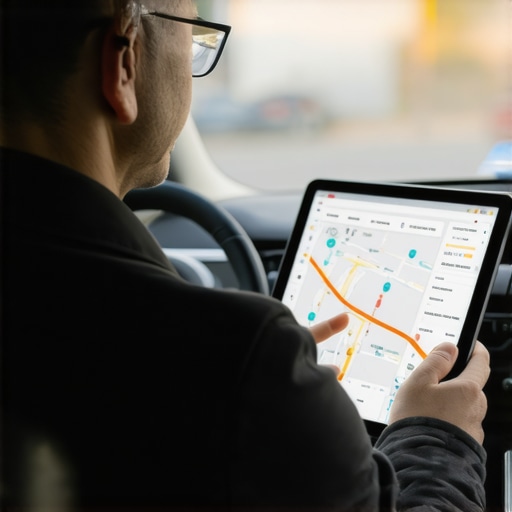 Driver checking traffic data on tablet in vehicle