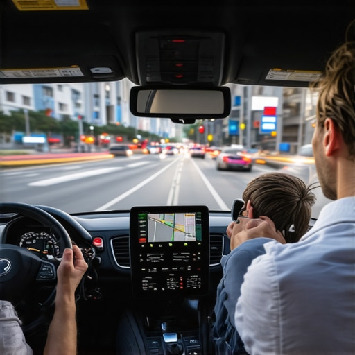 Professional driver using advanced navigation system to ensure punctuality in busy city traffic