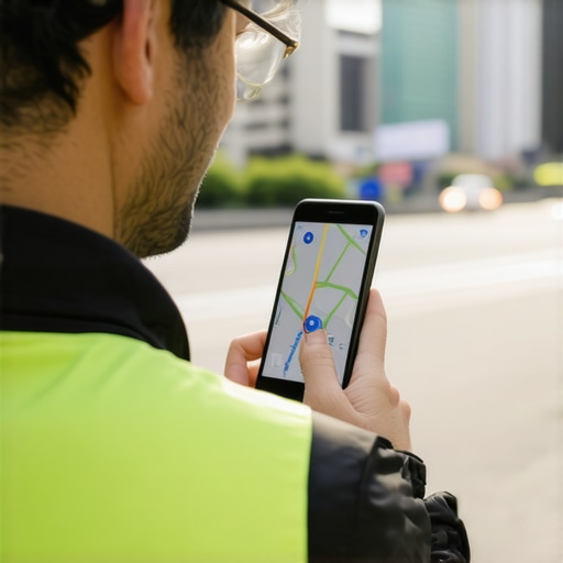Person monitoring their ride in real-time on mobile device with cityscape background.