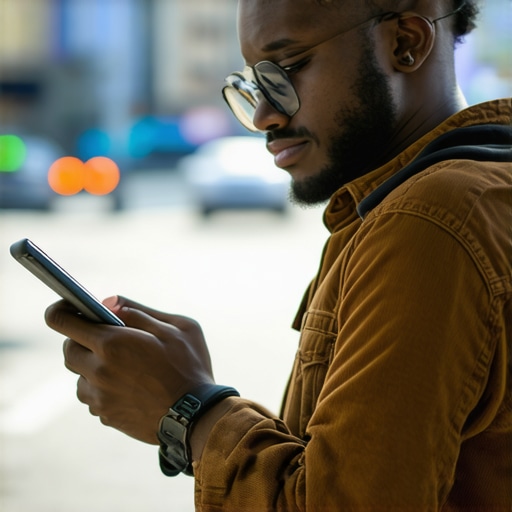 Traveler using smartphone to monitor ride in city