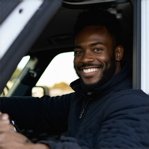 A professional driver smiling confidently inside a modern vehicle, symbolizing trust and reliability.