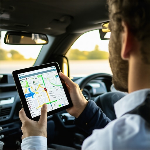 A driver managing reservations on a tablet with GPS navigation in a vehicle interior.