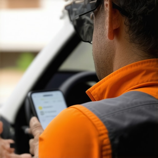 Driver using a smartphone app to verify passenger identity, emphasizing safety checks.