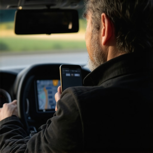 Driver with smartphone showing live GPS tracking app ensuring on-time safe ride