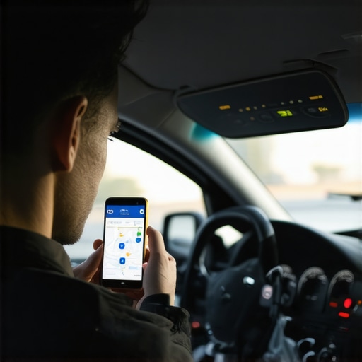 Driver using smartphone with tracking app in city