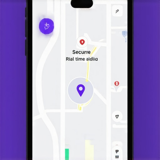 Smartphone displaying ride booking app with live GPS and secure payment interface