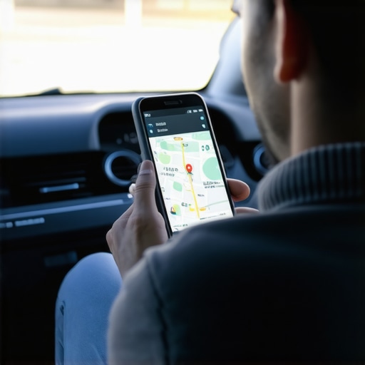 Person monitoring GPS tracking app on smartphone during ride