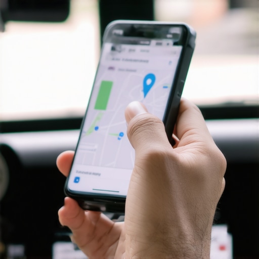 Person checking a ride booking app on smartphone with GPS tracking