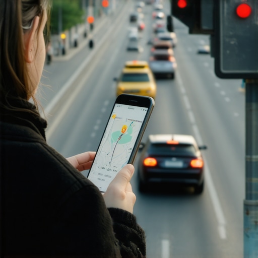 A person monitoring their ride's live location on a smartphone app in a city setting.