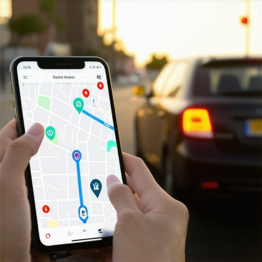 Person booking a ride on a smartphone with GPS navigation app open, car approaching in background.