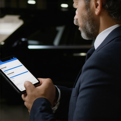 A detailed image of a driver using a tablet to review safety and reservation details for secure hourly rides.