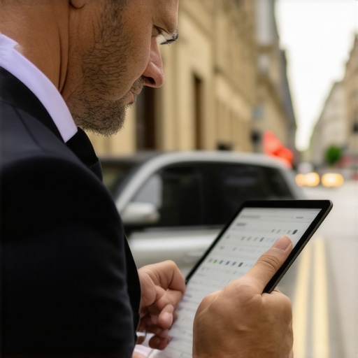 Chauffeur reviewing reservation details on a tablet in city environment.