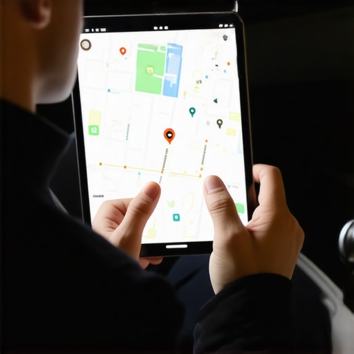 Person using a tablet to manage safe and punctual rides with car accessories in the background