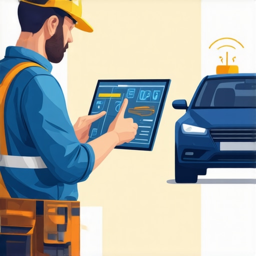 Fleet Management with IoT and GPS Tools Technician monitoring vehicle data via digital dashboard with IoT sensors and GPS tracking.