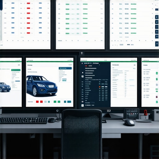 High-tech control room with digital dashboards tracking vehicle health and safety metrics