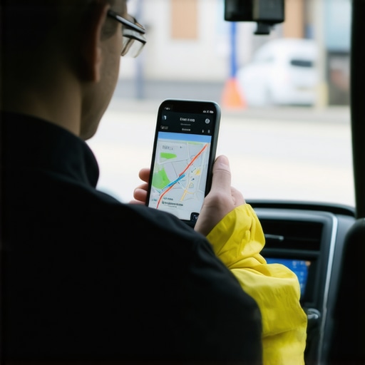 Driver checking real-time GPS tracking before pickup.