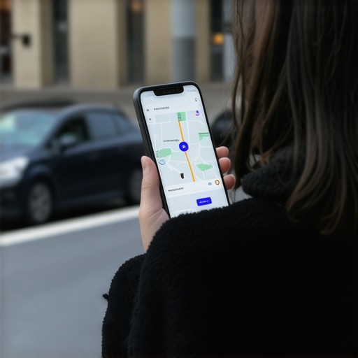 Person using a smartphone to track their ride with safety features active
