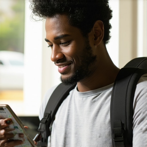 Traveler checking ride reservation on smartphone with map in background.