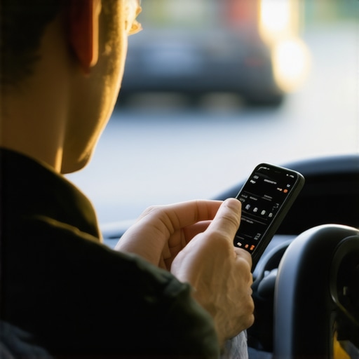A person holding a smartphone displaying a driver profile with safety badges and live tracking map.