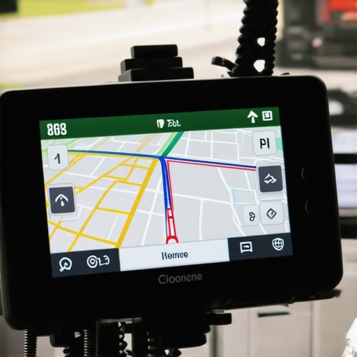 Inside view of a GPS navigation device mounted in a car displaying route details.