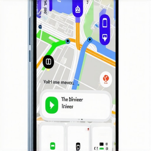Real-Time Ride Verification Screen Smartphone showing ride app with live tracking and driver profile verification.