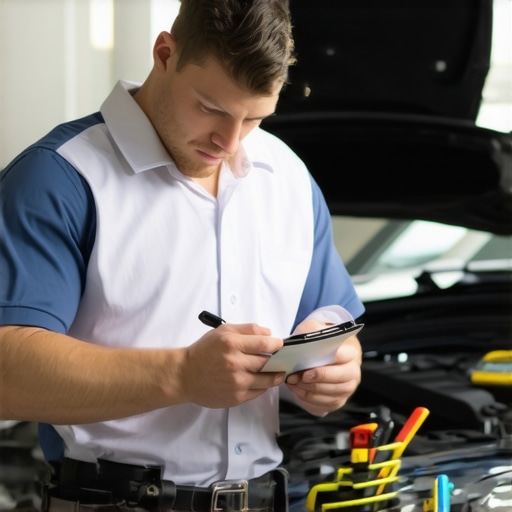 A safety inspector checking a vehicle's safety features with a comprehensive checklist
