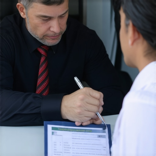 Driver checking safety documents with passenger.
