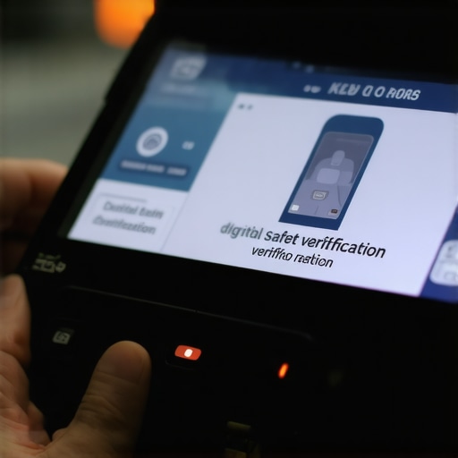 Close-up of ID badge, decals, and verification screen showing safety credentials.