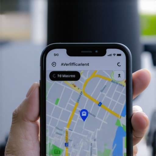 A person verifying driver credentials on a smartphone screen with ID badge and GPS map