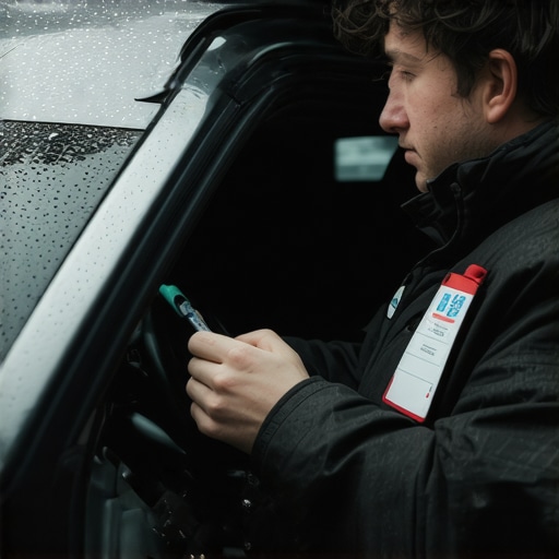 A driver showing a security badge to a passenger during a rainy day