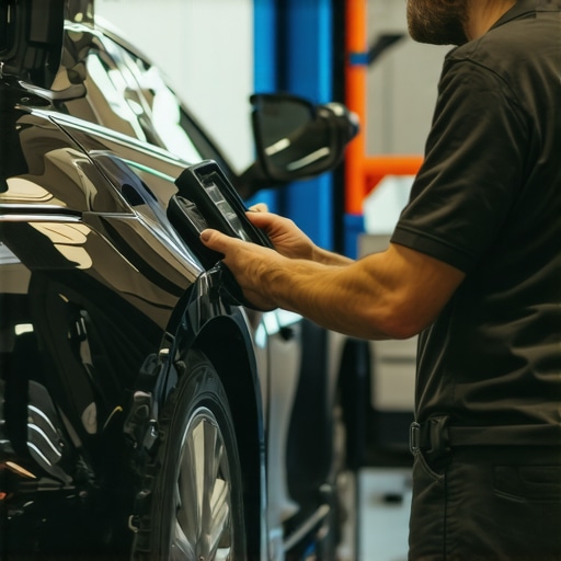 A professional driver using diagnostic tools to check vehicle safety and maintenance before a ride.