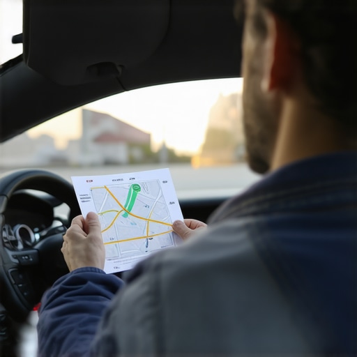 Professional driver reviewing a route map with a passenger in a modern vehicle.