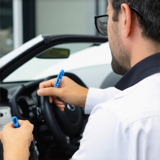 Driver examining safety badges and vehicle safety markers before entering the car.