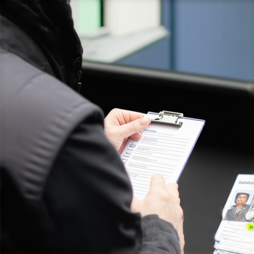 A person inspecting a vehicle's decal, license plate, and ID badge for authenticity.