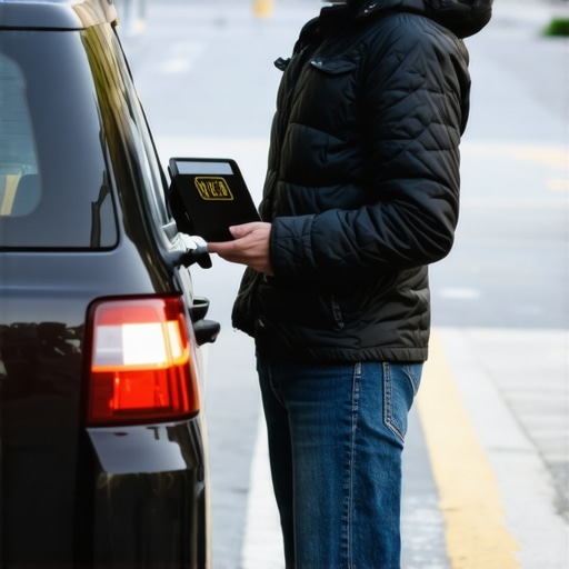 Person checking vehicle license plate and driver ID at pickup point.