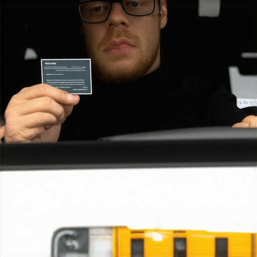 Driver Verifying License Plate and Badge A driver holding digital verification badge next to vehicle's license plate