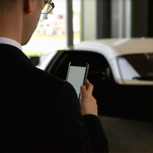 A chauffeur double-checking reservation info on a smartphone outside an airport terminal.