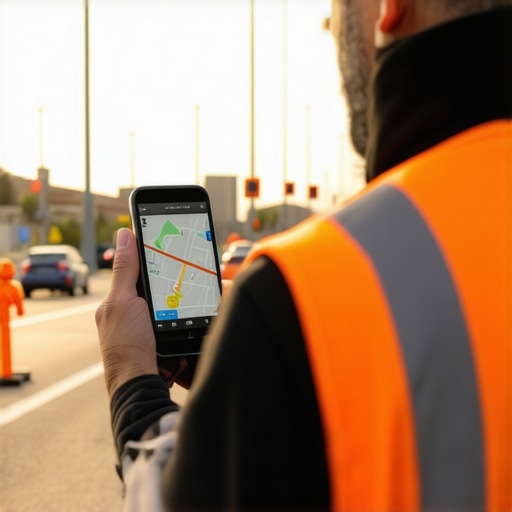 Driver inspecting safety markers and checking real-time traffic app