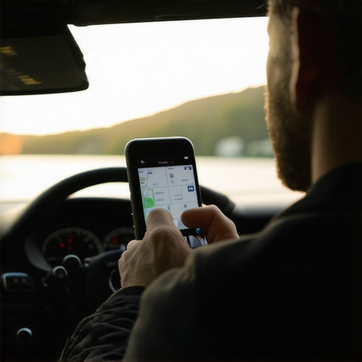 Driver verifying location with GPS device inside car for accurate pickup.