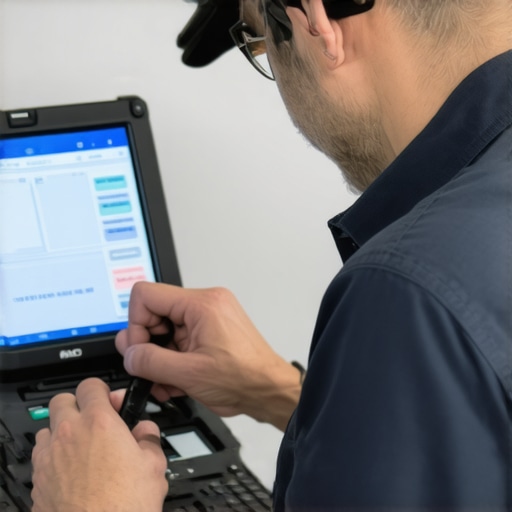 Hardware Maintenance for Reservation Accuracy A technician inspecting GPS hardware connected to reservation management software, ensuring system reliability.
