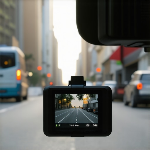 A modern dashcam mounted on a vehicle's dashboard showing GPS tracking interface