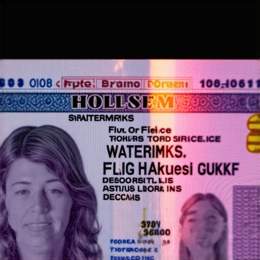 Close-up of a driver's license showing holograms and watermarks for verification.