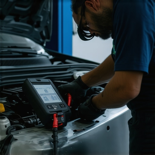 Professional Car Maintenance with Diagnostic Tools Technician inspecting vehicle diagnostics in a garage.
