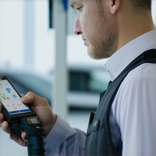 Safety Verification in Action Technician conducting safety checks on a driver using biometric scanning devices.