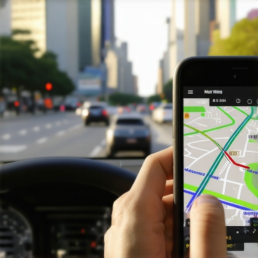 Urban driver checking traffic prediction on GPS app with city background