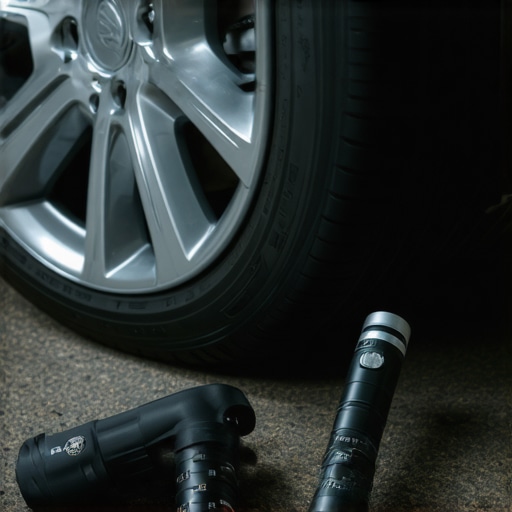 Vehicle Safety Inspection Tools in Use A person inspecting a car's tire with a gauge and flashlight to ensure vehicle safety
